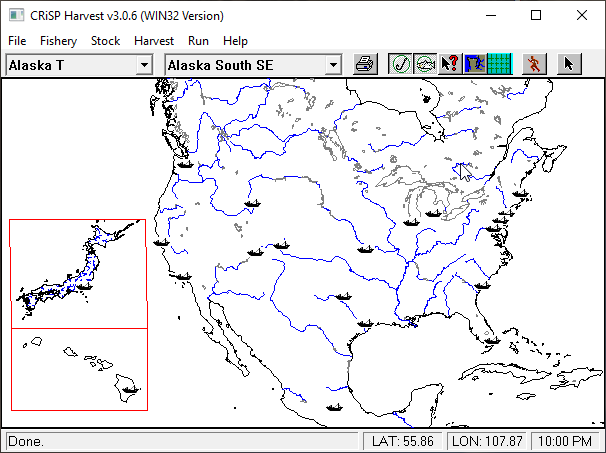 Screenshot of the CRiSP Harvest v3.0.6 user interface. Its traced map of the Pacific Northwest has been replaced with an overly detailed render of all of North America, Japan, and Hawai'i. There are little ship icons demarking the locations of assorted blaseball teams. The Canada Moist Talkers are missing from Halifax, for some reason.