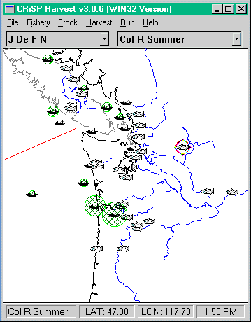 Screenshot of the CRiSP Harvest v3.0.6 user interface, as
            found normally on the Columbia Basin Research website. The window layout is distinctly from Windows 95; it shows a map of the Columbia River Basin and Puget sound, drawn with blue rivers and black coastlines. There are assorted highlighted boat icons for fisheries and fish icons for salmon stocks.