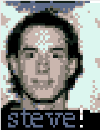 Enlarged version of the small icon found within the CRiSP Harvest Model's executable file. The original icon is barely 40 pixels across, but you can see a headshot of a pale-skinned face, presenting male, with medium length dark hair. Beneath the headshot is the name 'steve!', spelled in pixel art.